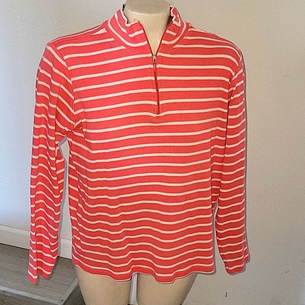LL BEAN Salmon/white Striped Long Sleeve Knit 1/4 Zippered Front Contemporary